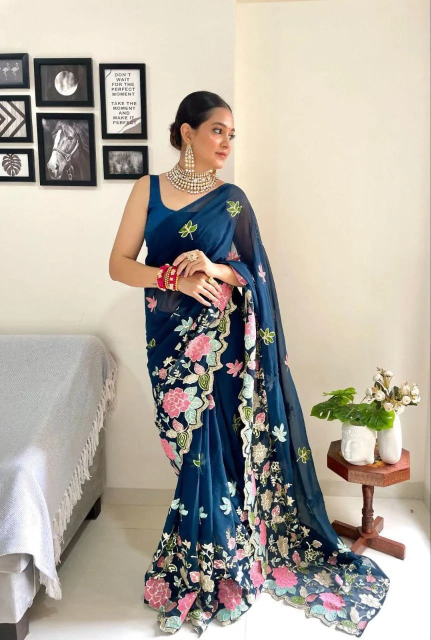 Designer Floral Sequin & Multicolour Embroidered Georgette Saree with Satin Banglori Blouse (Blue)